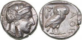 Attica - Athens AR Tetradrachm (circa 454-404 BC.)
17.14 g. 24mm. UNC/UNC Mint luster. Very rare condition! Helmeted head of Athena right, with front...