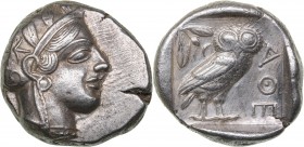 Attica - Athens AR Tetradrachm (circa 454-404 BC.)
17.16 g. 25mm. AU/UNC Mint luster. Very rare condition! Helmeted head of Athena right, with fronta...
