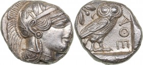 Attica - Athens AR Tetradrachm (circa 454-404 BC.)
17.20 g. 24mm. UNC/UNC Mint luster. Very rare condition! Helmeted head of Athena right, with front...