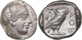 Attica - Athens AR Tetradrachm (circa 454-404 BC.)
17.17 g. 25mm. VF/XF- Traces of mint luster. Helmeted head of Athena right, with frontal eye / ΑΘΕ...