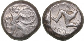 Pamphylia - Aspendos AR Stater - (circa 465-430 BC)
10.84 g. 18mm. AU/UNC Mint luster. Hoplite advancing to right, holding shield and spear / Triskel...