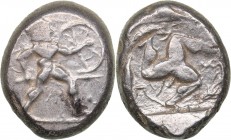 Pamphylia - Aspendos AR Stater - (circa 465-430 BC)
10.92 g. 21mm. AU/AU Mint luster. Hoplite advancing to right, holding shield and spear / Triskele...