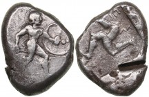 Pamphylia - Aspendos AR Stater - (circa 465-430 BC)
10.75 g. 23mm. VF+/XF Hoplite advancing to right, holding shield and spear / Triskeles; EΣ above;...