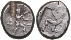 Pamphylia - Aspendos AR Stater - (circa 465-430 BC)
10.82 g. 22mm. VF/VF Hoplite advancing to right, holding shield and spear / Triskeles; EΣ above; ...