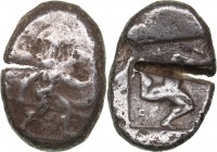 Pamphylia - Aspendos AR Stater - (circa 465-430 BC)
10.70 g. 25mm. F/VF- Hoplite advancing to right, holding shield and spear / Triskeles; EΣ above; ...