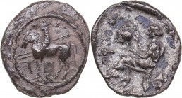Thessaly - Perrhaiboi AR Trihemiobol - (circa 450-400 BC)
1.11 g. 15mm. F/F Thessalian warrior, holding two spears, on horse trotting left; altar bel...