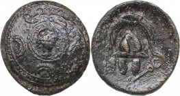 Macedonian Kingdom AE 1/2 unit - Alexander III the Great (336-323 BC)
3.51 g. 18mm. VG/VG Facing Gorgoneion in the center./ crested Macedonian helmet...