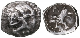 Lykaonia - Laranda AR Obol (circa 324/3 BC)
0.58 g. 9mm. VF/VF Baaltars seated left, holding grain ear, grape bunch, and sceptre. / Forepart of wolf ...
