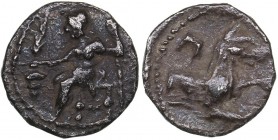 Lykaonia - Laranda AR Obol (circa 324/3 BC)
0.74 g. 11mm. VF/VF Baaltars seated left, holding grain ear, grape bunch, and sceptre. / Forepart of wolf...