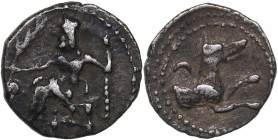 Lykaonia - Laranda AR Obol (circa 324/3 BC)
0.58 g. 10mm. VF+/XF Baaltars seated left, holding grain ear, grape bunch, and sceptre. / Forepart of wol...