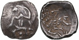 Lykaonia - Laranda AR Obol (circa 324/3 BC)
0.57 g. 10mm. VF/AU Baaltars seated left, holding grain ear, grape bunch, and sceptre. / Forepart of wolf...