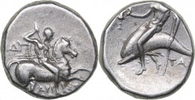 Calabria - Tarentum AR Didrachm or nomos - (circa 272-240 BC)
6.35 g. 18mm. AU/AU Traces of mint luster. Di... and Aristokles, magistrates. Nude ride...