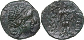 Thrace - Mesembria Æ (circa 250-175 BC)
4.79 g. 17mm. XF/XF Diademed head of female (Amazon) right / ΜΕΣΑΜ-ΒΡΙΑΝΩΝ, Athena Promachos standing left, b...