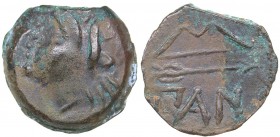 Bosporus Kingdom, Pantikapaion Æ obol (Ca. 275-245 BC)
2.52 g. 15mm. AU/AU Perisad II., 284-245 BC. Wreathed head of satyr left / Bow and arrow; ΠΑΝ ...