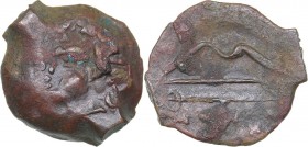 Bosporus Kingdom, Pantikapaion Æ obol (Ca. 275-245 BC)
2.63 g. 16mm. AU/AU Perisad II., 284-245 BC. Wreathed head of satyr left / Bow and arrow; ΠΑΝ ...