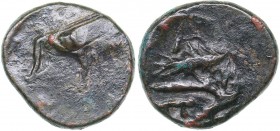 Bosporus Kingdom, Pantikapaion. Æ chalkon Ca. 150-140 B.C.
1.61 g. 13mm. XF/XF Perisad IV., 150-140 BC. Bull's head 3/4 to the right, counterstamped ...