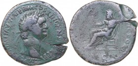Roman Empire AE Sestertius - Domitian (81-96 AD)
23.16 g. 35mm. F+/F Bust of the Emperor in a laurel wreath. / Jupiter seated left, holding Victory a...