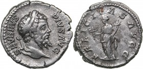 Roman Empire Antoninianus - Septimius Severus (193-211 AD)
3.32 g. 20mm. VF/VF SEVERVS PIVS AVG, Bust right/ FELICITAS AVGG, Felicitas standing left,...