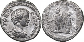 Roman Empire AR Denarius - Geta, as Caesar (200-202 AD)
3.12 g. 18mm. AU/VF P SEPT GETA CAES PONT, Bust right/ PRINC IVVENTVTIS, Geta standing facing...
