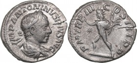 Roman Empire AR Denarius - Elagabalus (218-222 AD)
2.58 g. 19mm. VF/VF IMP ANTONINVS PIVS AVG, Bust right/ P M TR P III COS III P P, Sol advancing le...