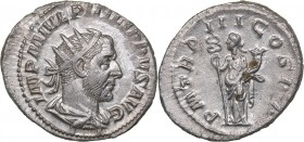 Roman Empire Antoninianus - Philip the Arab (244-249 AD)
2.80 g. 24mm. UNC/UNC Mint luster. Rome. IMP M IVL PHILIPPVS AVG, Bust of Emperor to the rig...
