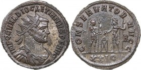 Roman Empire Antoninianus - Diocletian(284-305 AD)
3.71 g. 22mm. AU/AU IMP C C VAL DIOCLETIANVS PF AVG. Bust of Emperor to the right/CONSERVATOR AVGG...
