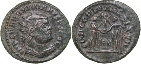 Roman Empire Radiate Æ follis - Maximianus Herculius 286-305 AD
3.36 g. 23mm. VF/VF IMP C M A MAXIMIANVS P F AVG, Bust of emperor righ/ CONCORDIA MIL...