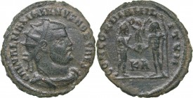 Roman Empire Radiate Æ follis - Maximianus Herculius 286-305 AD
2.87 g. 20mm. F/F GAL VAL MAXIMIANVS NOB CAES, Bust of emperor righ/ CONCORDIA MILITV...