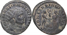 Roman Empire Radiate Æ follis - Maximianus Herculius 286-305 AD
2.14 g. 23mm. F/F GAL VAL MAXIMIANVS NOB CAES, Bust of emperor righ/ CONCORDIA MILITV...