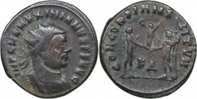 Roman Empire Radiate Æ follis - Maximianus Herculius 286-305 AD
3.70 g. 21mm. F/F IMP C M A MAXIMIANVS P F AVG, Bust of emperor righ/ CONCORDIA MILIT...