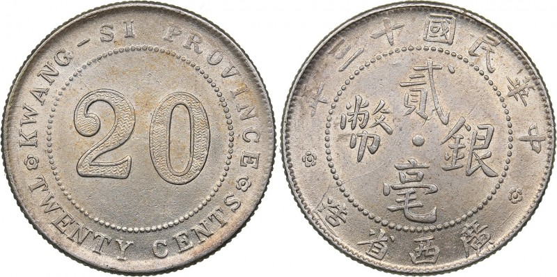 China - Kwang-Si 20 cents 1924
5.00 g. UNC/AU Mint luster.