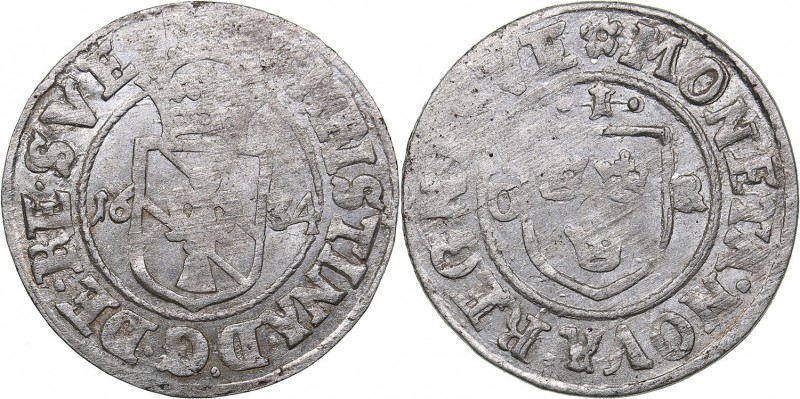 Sweden 1 öre 1634 - Kristina (1632-1654)
1.28 g. XF/AU Mint luster. SM 81.