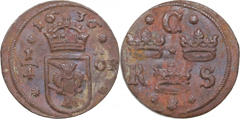 Sweden 1/4 öre 1636 - Kristina (1632-1654)
10.14 g. UNC/UNC Rare condtion. SM# ...