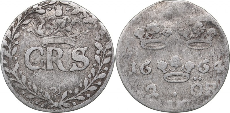 Sweden 2 öre 1664 - Karl XI (1660-1697)
1.63 g. F+/F SM 208c.