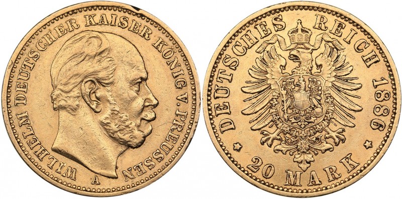 Germany - Prussia 20 mark 1886 A
7.95 g. XF/AU Mint luster.