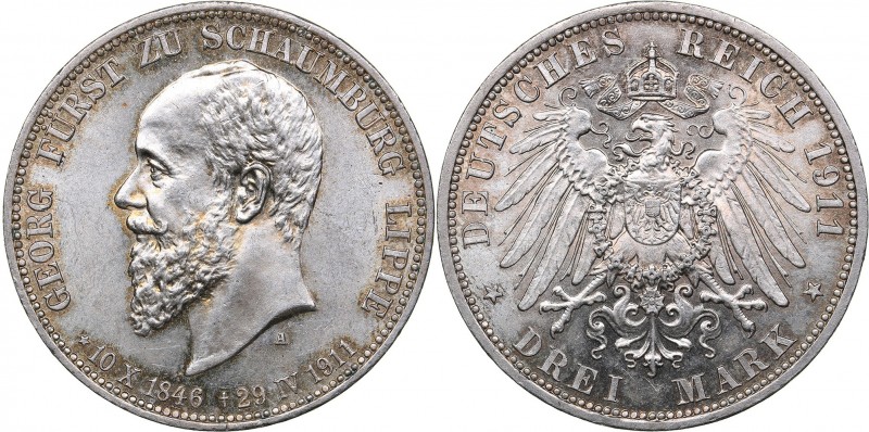 Germany - SCHAUMBURG-LIPPE 3 mark 1911 A
16.67 g. AU/UNC Mint luster.