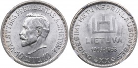 Lithuania 10 litu 1938 A. Smetona NGC MS 64
Bright mint luster. Very rare condition. KM# 84.