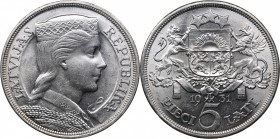 Latvia 5 lati 1931
24.96 g. AU/UNC Mint luster. Ag. KM# 9