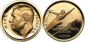 Russia - USSR medal Yuri Gagarin.
The first cosmonaut in the world. 12.IV.1961 (1964). 9.90 g. PROOF. Au900 Minted only 3516 pc. Diameter 25 mm. Mosc...