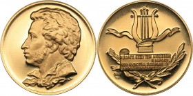 Russia - USSR medal A.S. Pushkin 1965
9.95 g. PROOF. Au900 Minted only 1051 pc. Diameter 25 mm. Moscow mint. A.V. Kozlov. Salykov, Schkurko# 408. Rar...