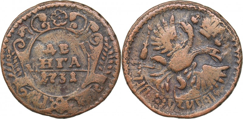 Russia Denga 1731
7.68 g. F+/F Bitkin# 272. Overstrike to Peter I kopek. Anna I...