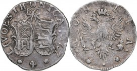 Russia - Livonia & Estonia 4 kopecks 1757
1.29 g. VF+/VF Bitkin# 641. Rare! Elizabeth (1741-1762)