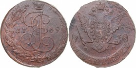 Russia 5 kopecks 1769 ЕМ
57.03 g. AU/AU Rare condition! Bitkin# 617. Eagle type 1770-1777. Catherine II (1762-1796)