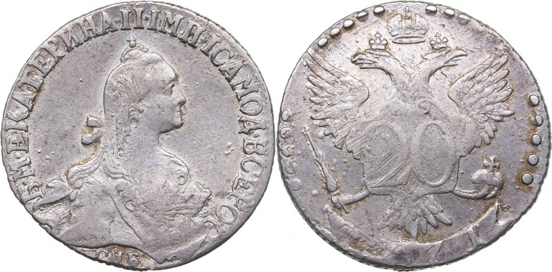 Russia 20 kopecks 1771 СПБ
3.90 g. AU/XF Traces of mint luster. Bitkin# 379. Ca...