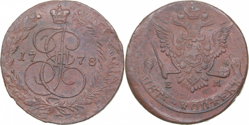 Russia 5 kopecks 1778 ЕМ
49.14 g. VF+/VF+ Bitkin# 627. Eagle type 1770-1777. Ca...