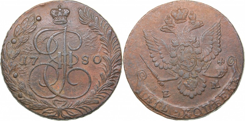 Russia 5 kopecks 1780 ЕМ
49.65 g. XF-/XF- Bitkin# 625. Catherine II (1762-1796)...