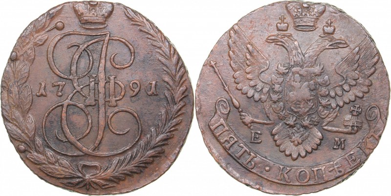 Russia 5 kopecks 1791 ЕМ
44.90 g. XF/XF+ Bitkin# 645. Catherine II (1762-1796)...