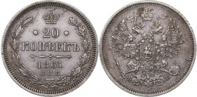Russia 20 kopeks 1861 СПБ-ФБ
3.98 g. XF/XF Bitkin# 288. Alexander II (1854-1881)