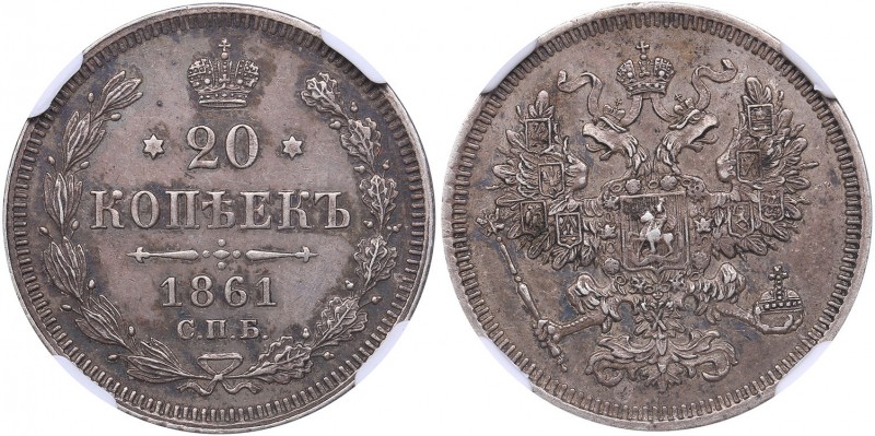 Russia 20 kopeks 1861 СПБ-ФБ NGC AU 53
Bitkin# 288. Mint luster. Rare condition...