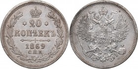 Russia 20 kopeks 1869 СПБ-НI
3.49 g. XF/XF Bitkin# 217. Aleksander II (1854-1881)